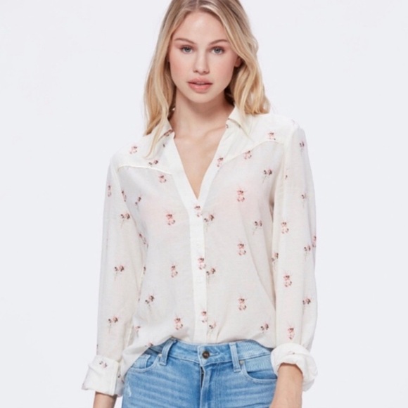 PAIGE White Floral Button Down Shirt Blouse Western Rose Print Cottagecore Chic - Picture 1 of 8